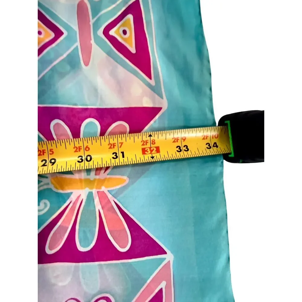 Vintage 1970s Hand Painted Sylyn Silk Scarf Turquoise Butterfly 35” Rolled Edges